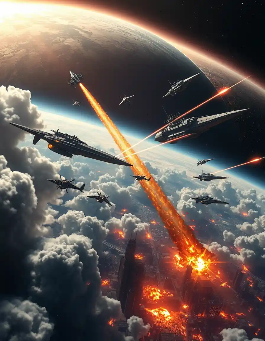 Planetary invasion with massive warships and burning cities