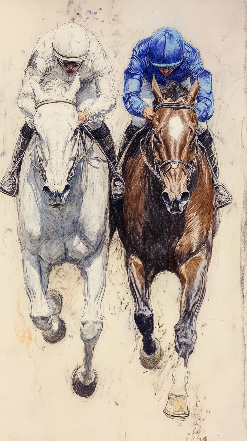 Two racehorses at full gallop charging straight toward viewer