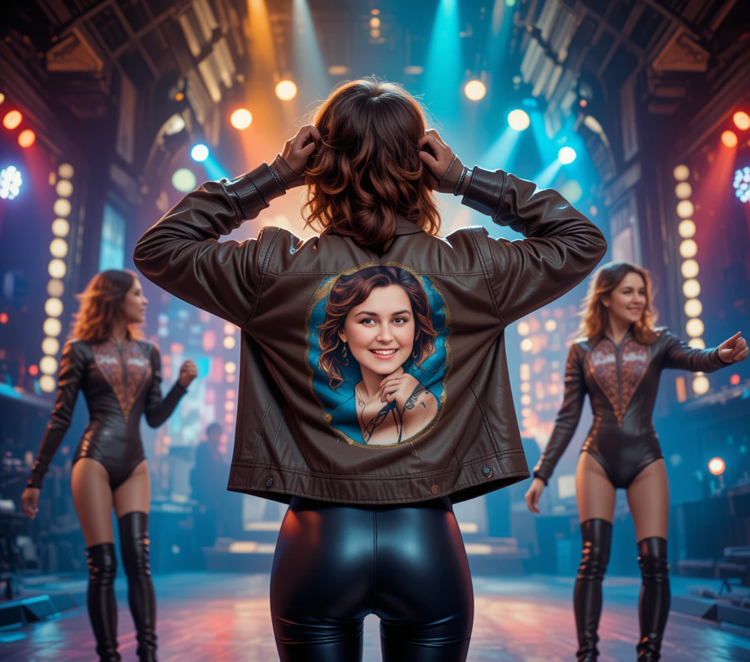 Woman in aviator jacket posing on colorful disco stage