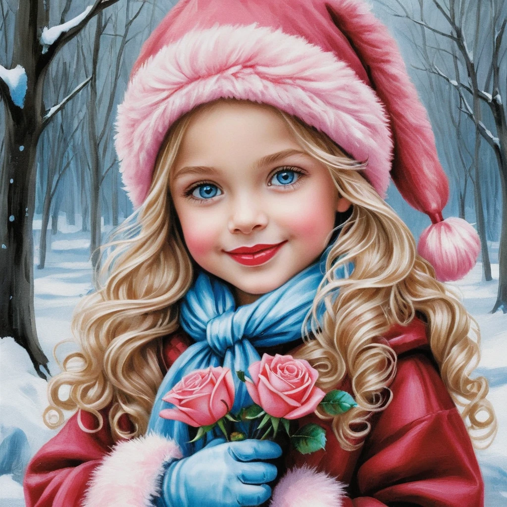 Smiling winter girl with roses and pink hat in snow