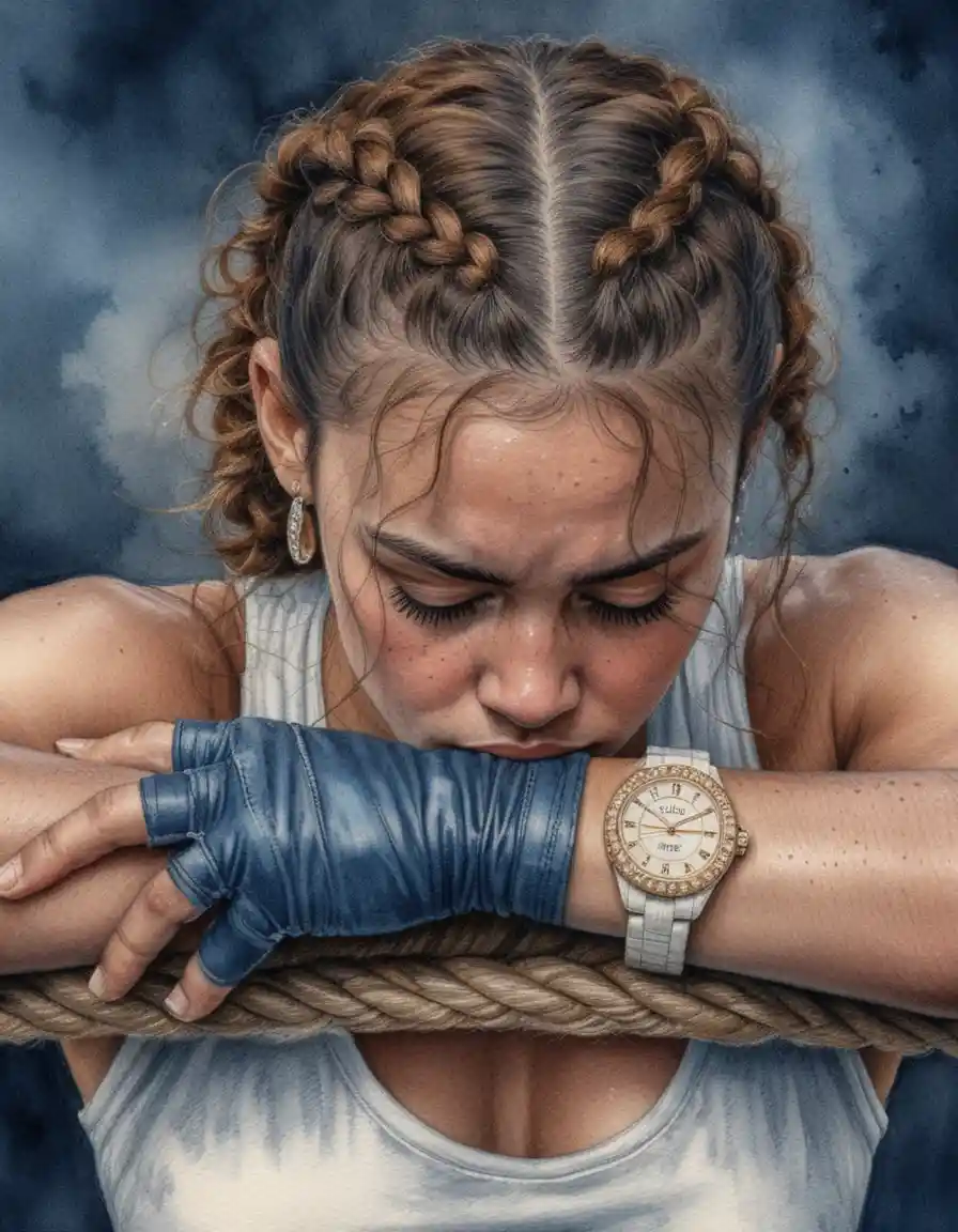 Exhausted woman boxer resting on ring ropes in spotlight