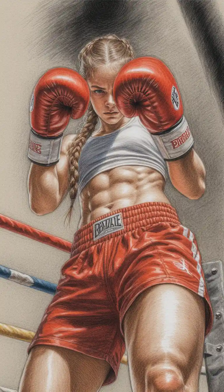 Athletic female boxer in guard on a gritty boxing ring