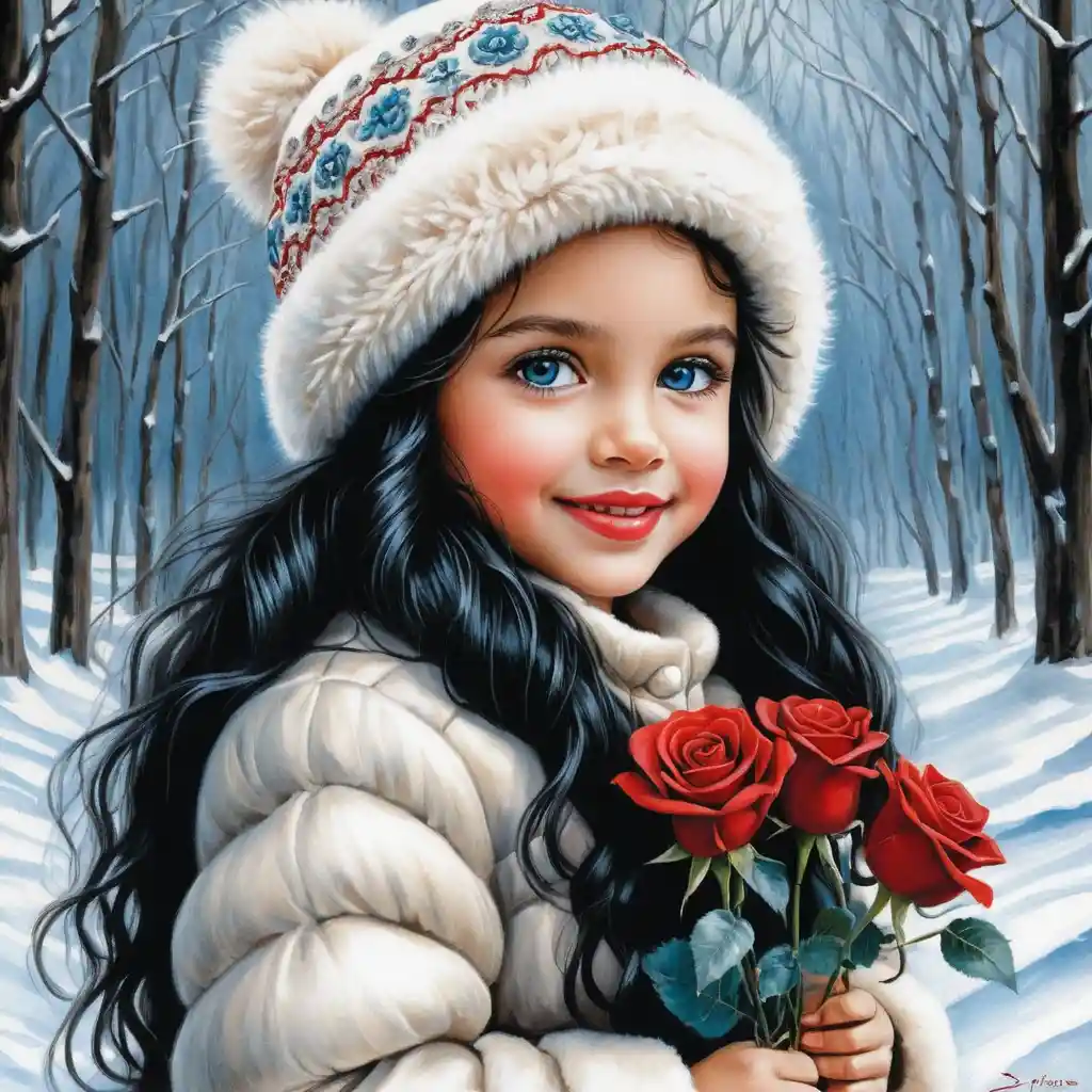 Lächelndes Wintermädchen mit Rosen und lockigem schwarzem Haar