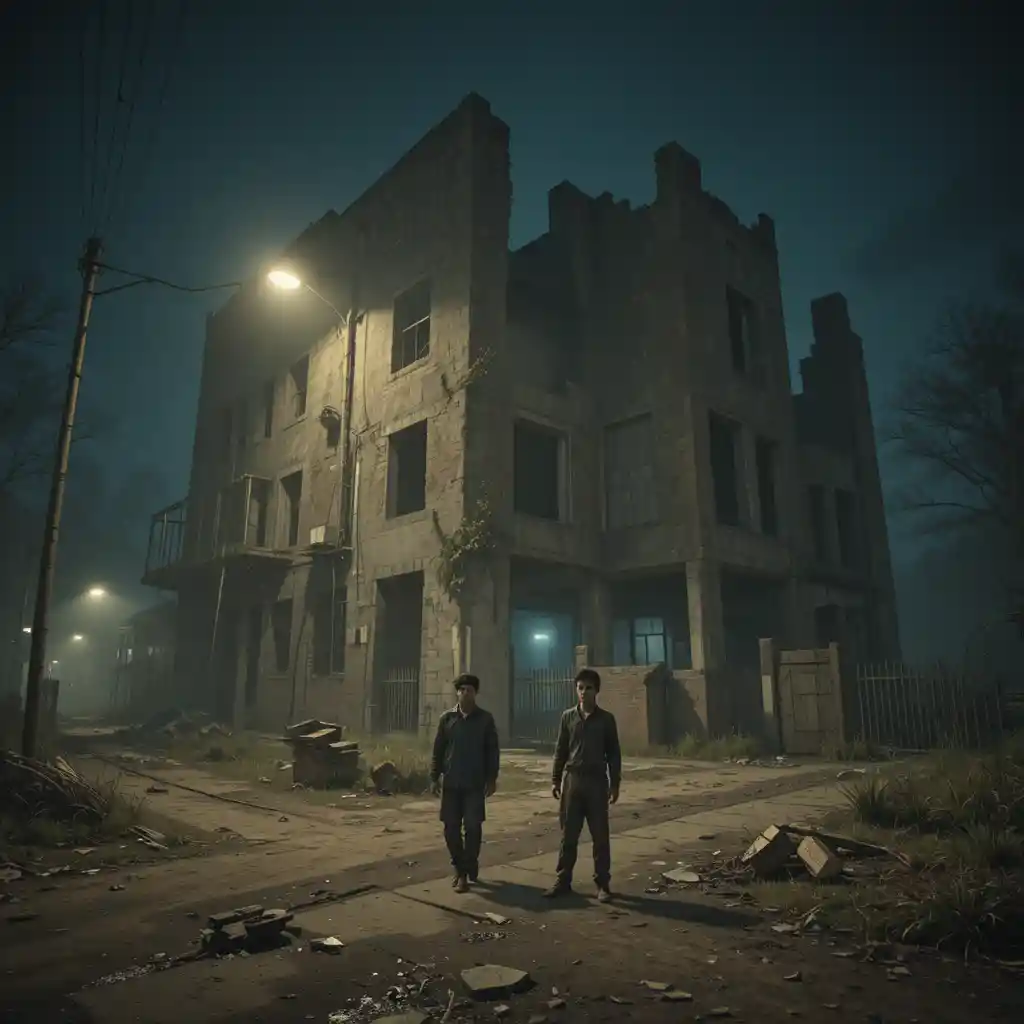 Two nervous teenage boys by an abandoned night building