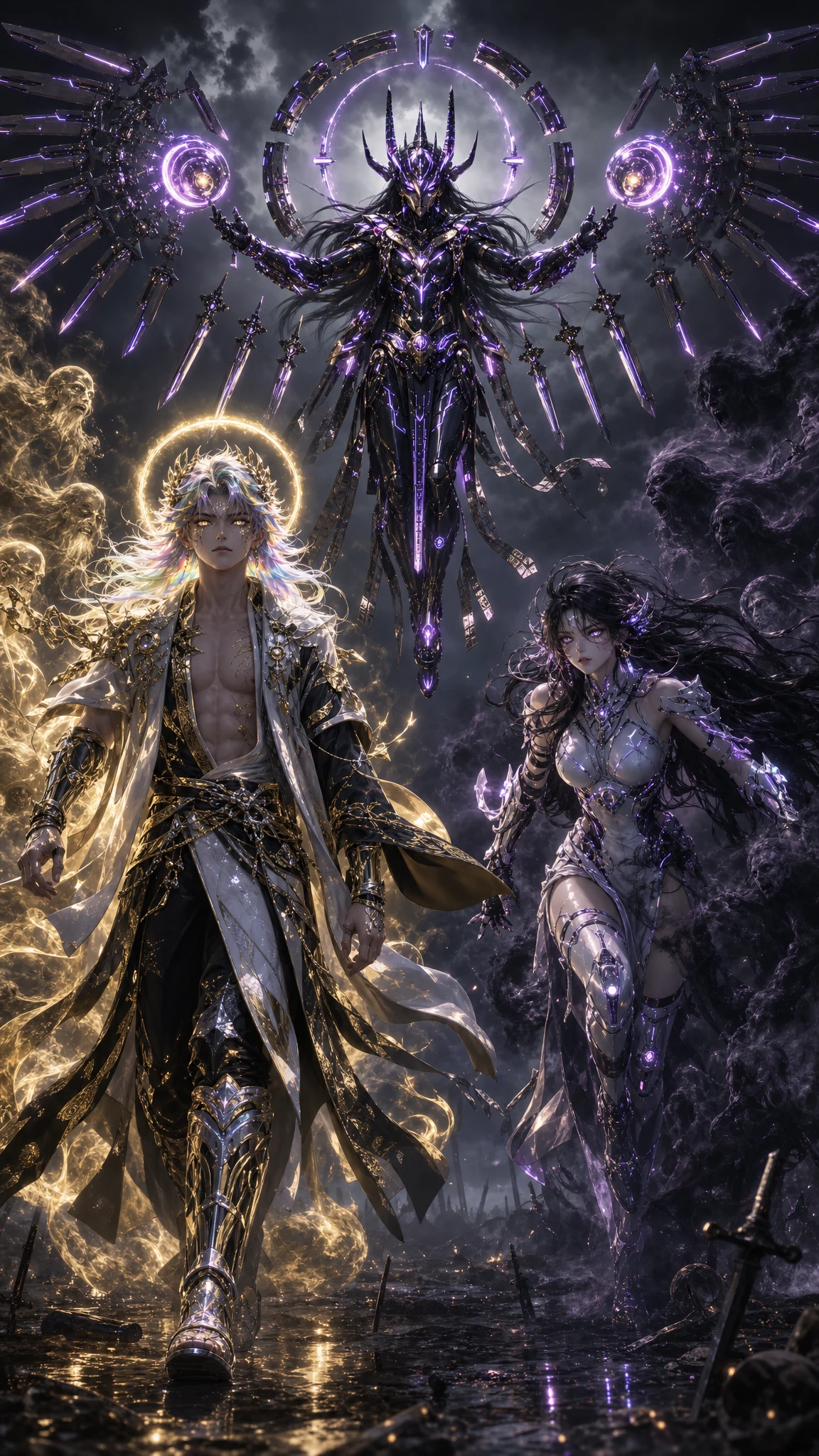 Young warrior with glowing halo strides through golden mist