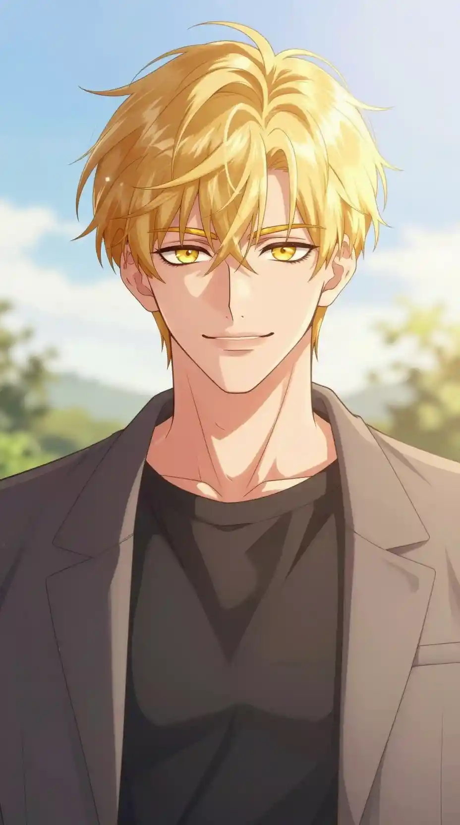 Confident young man in anime style at sunrise outdoors