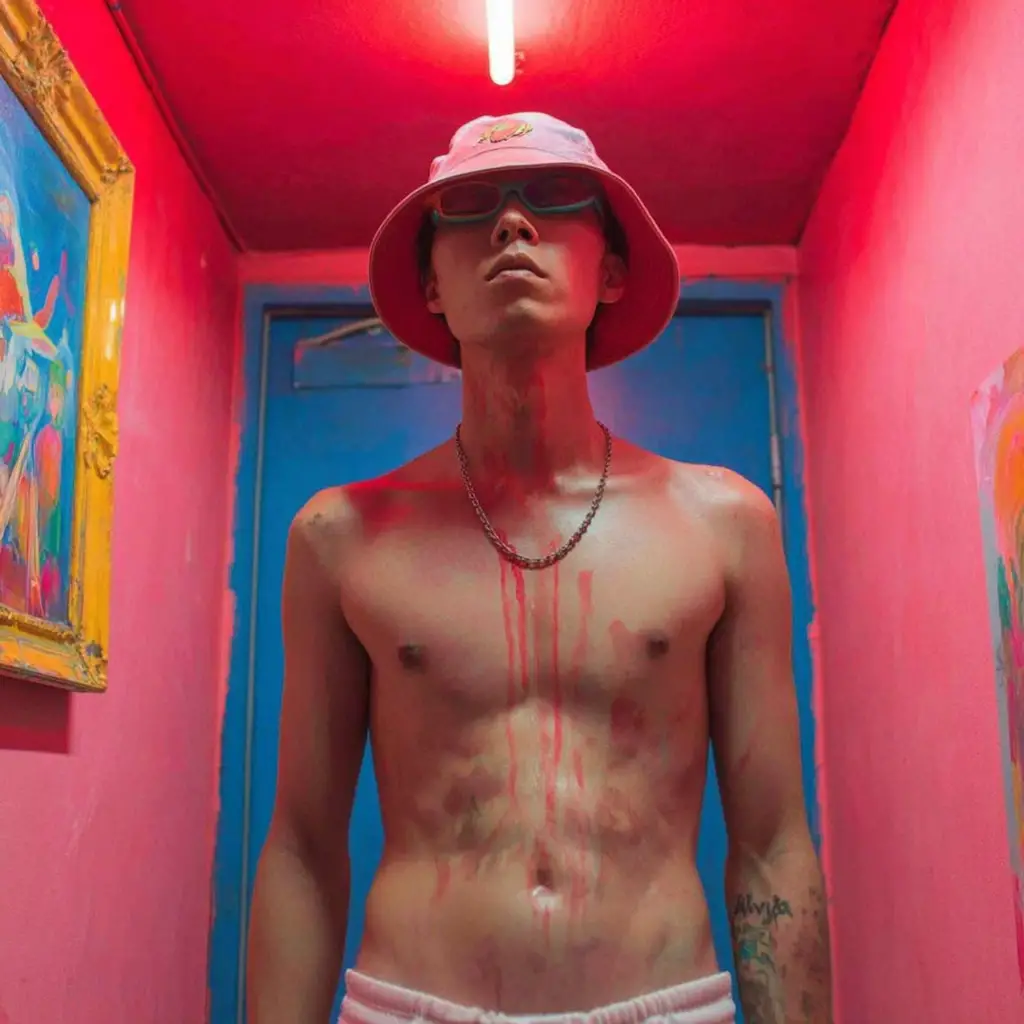 Confident male model in neon red and gold city street