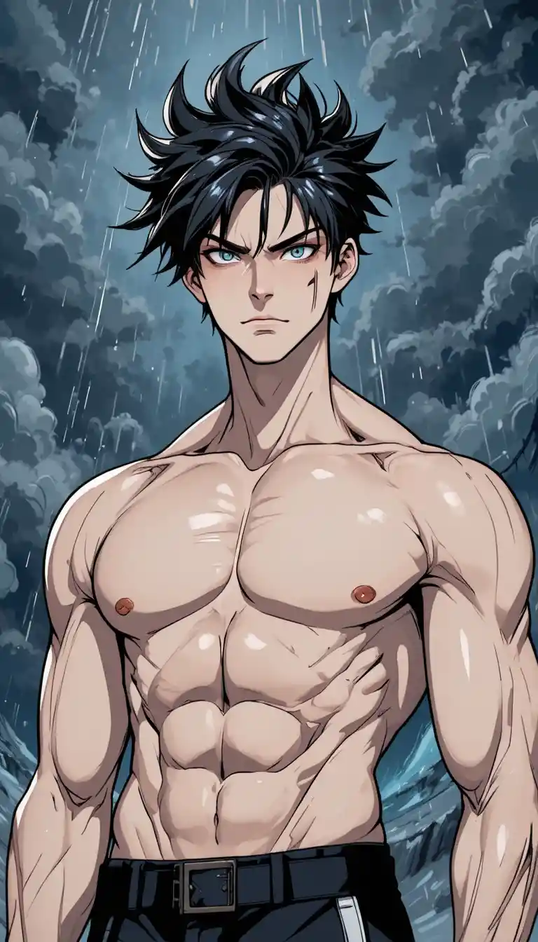 Tall muscular man with scar in stormy outdoor scene