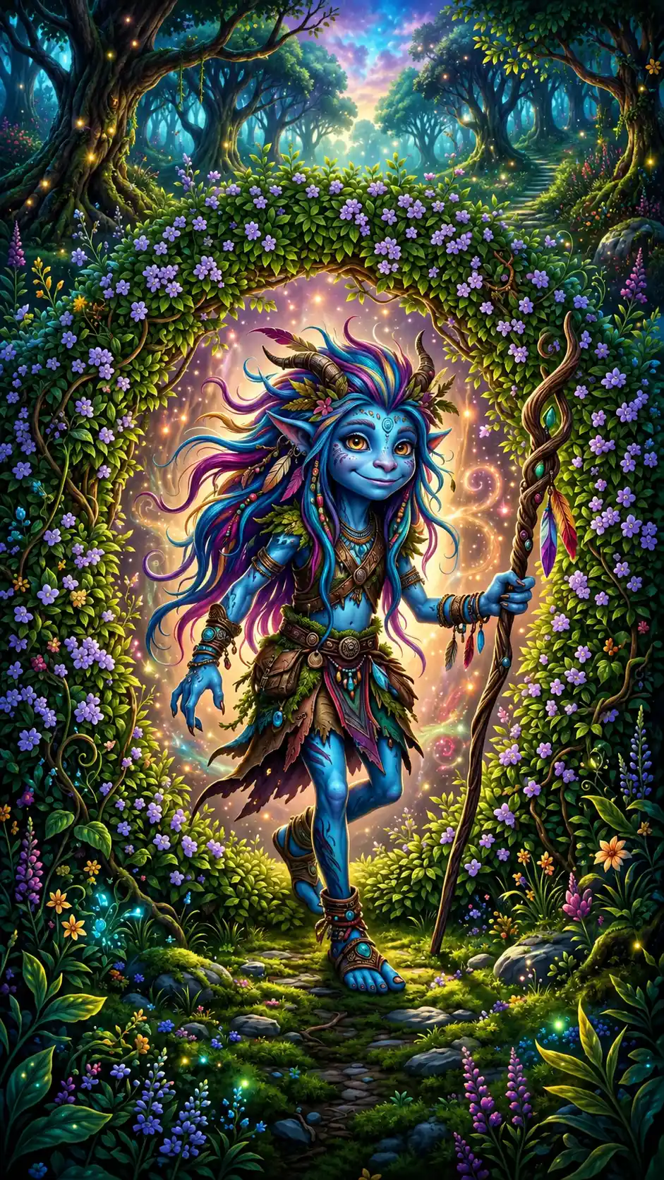 Blue fantasy creature stepping from hedge into our world