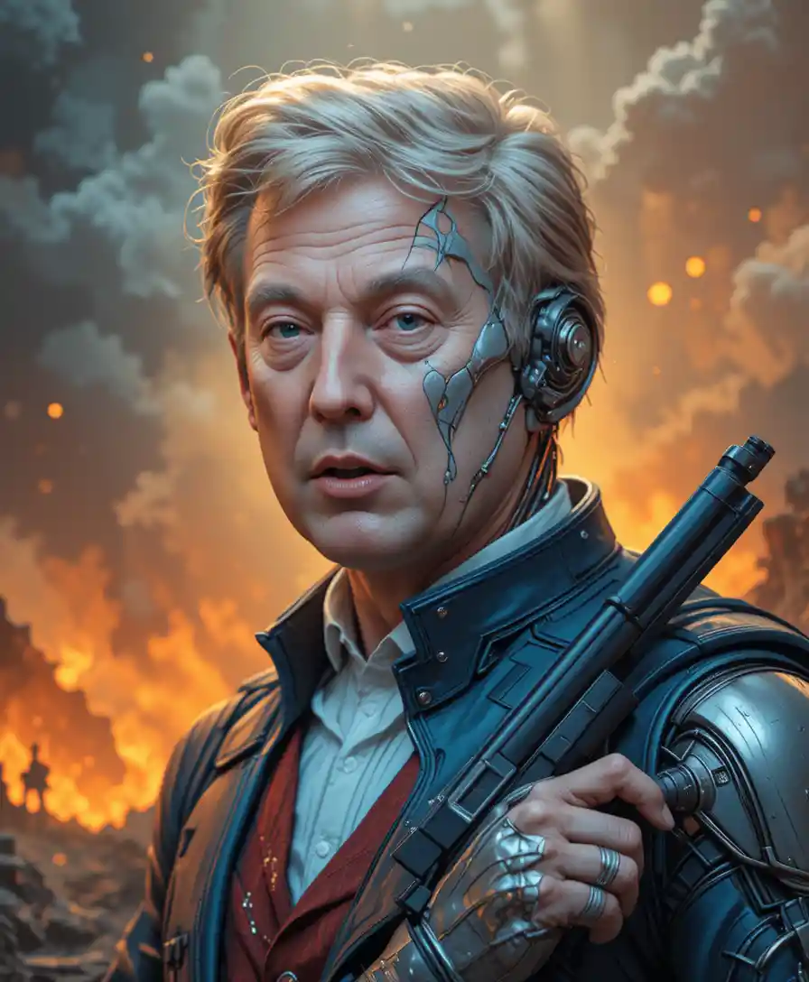 Cyborg man split portrait in apocalyptic fiery landscape