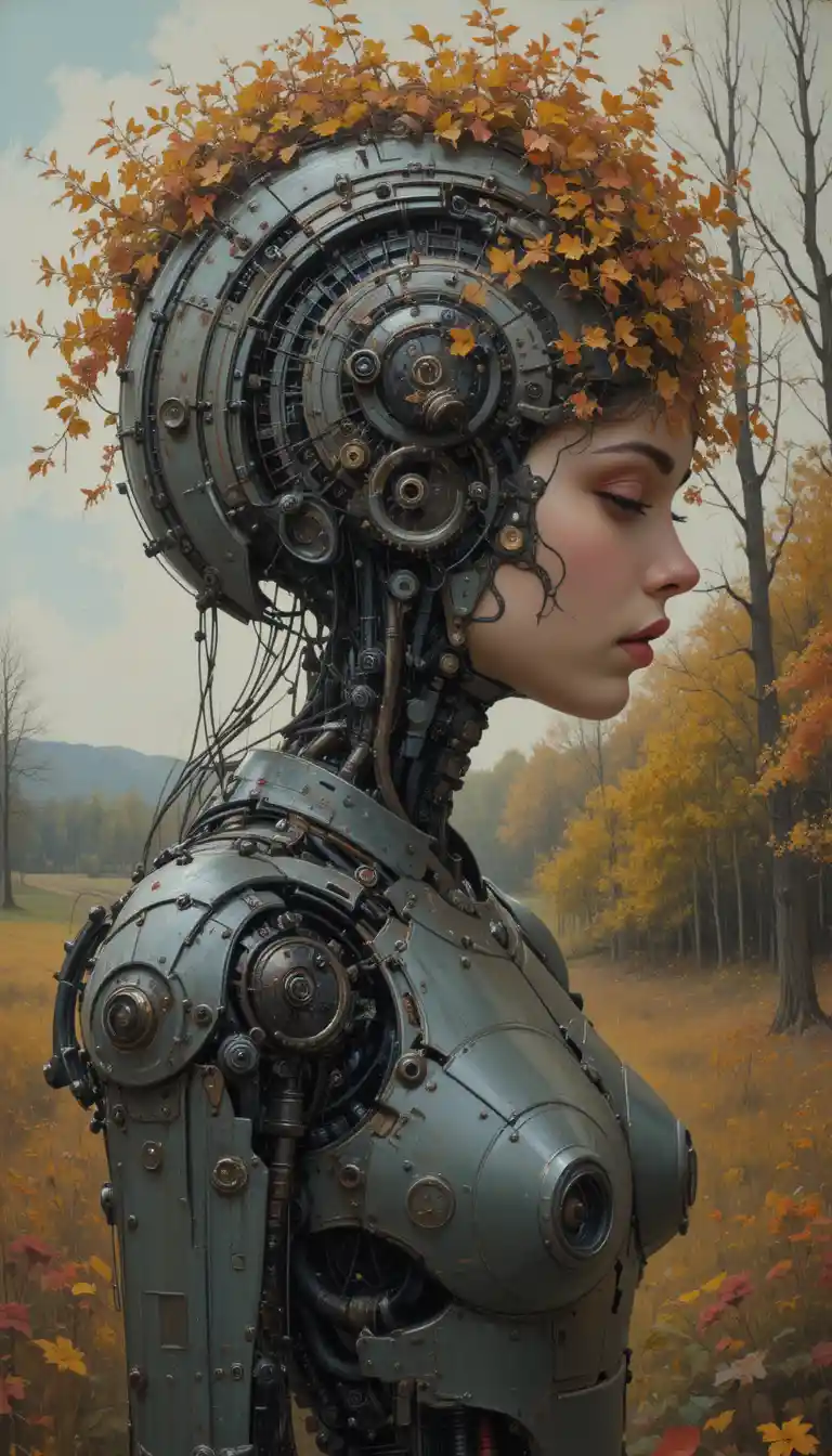 Robot bodied maiden portrait in autumn farm landscape