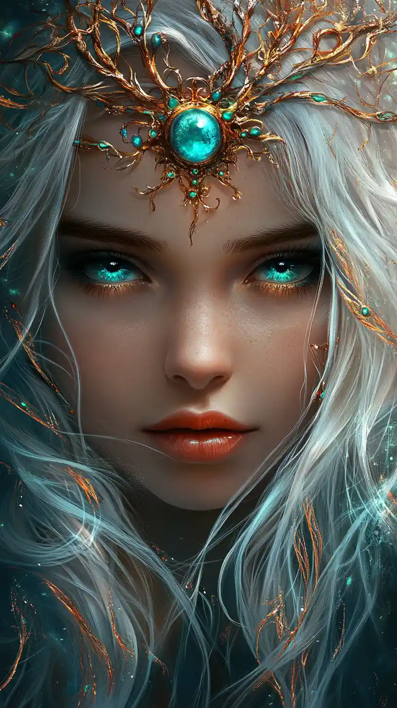 Ethereal fantasy woman with jeweled headdress and glowing gaze