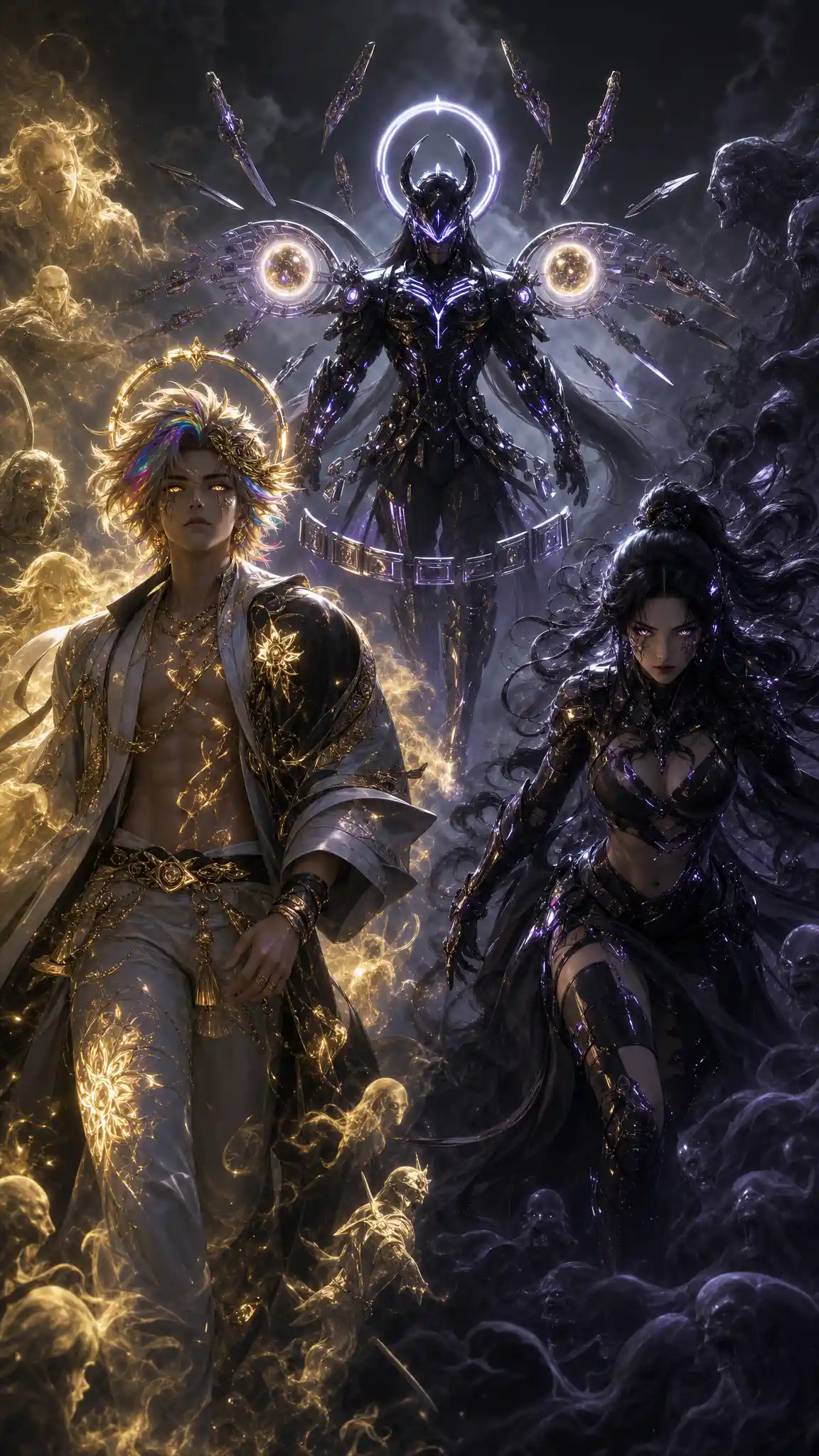 Young halo crowned warrior walking through glowing spirits