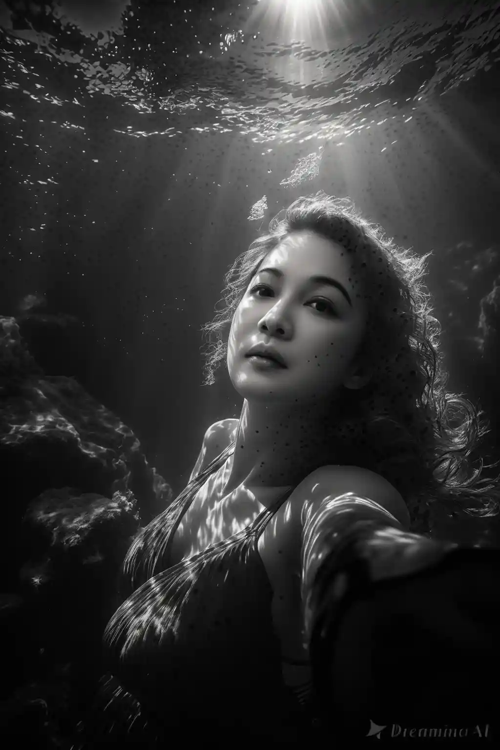 Elegant woman swimming underwater in dramatic sunlit scene