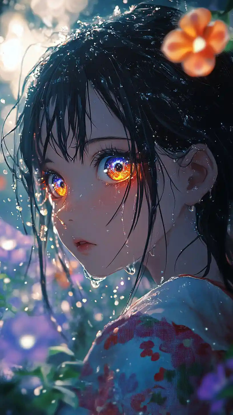 Anime girl with cosmic eyes in a glowing flower garden