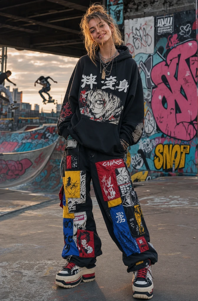 Playful cyberpunk streetwear woman in an urban skatepark