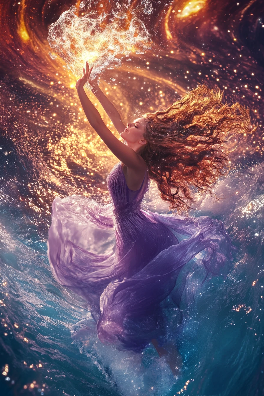 Mujer etérea saltando desde el agua con un orbe brillante