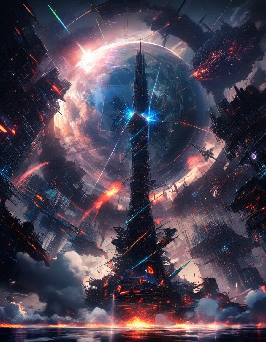 Futuristic megacity warping as reality collapses into chaos