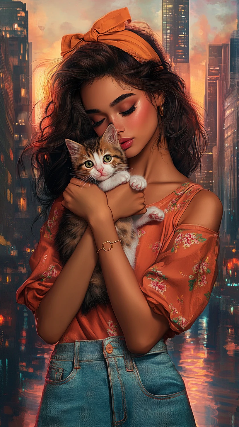 Anime girl hugging a kitten before a city skyline