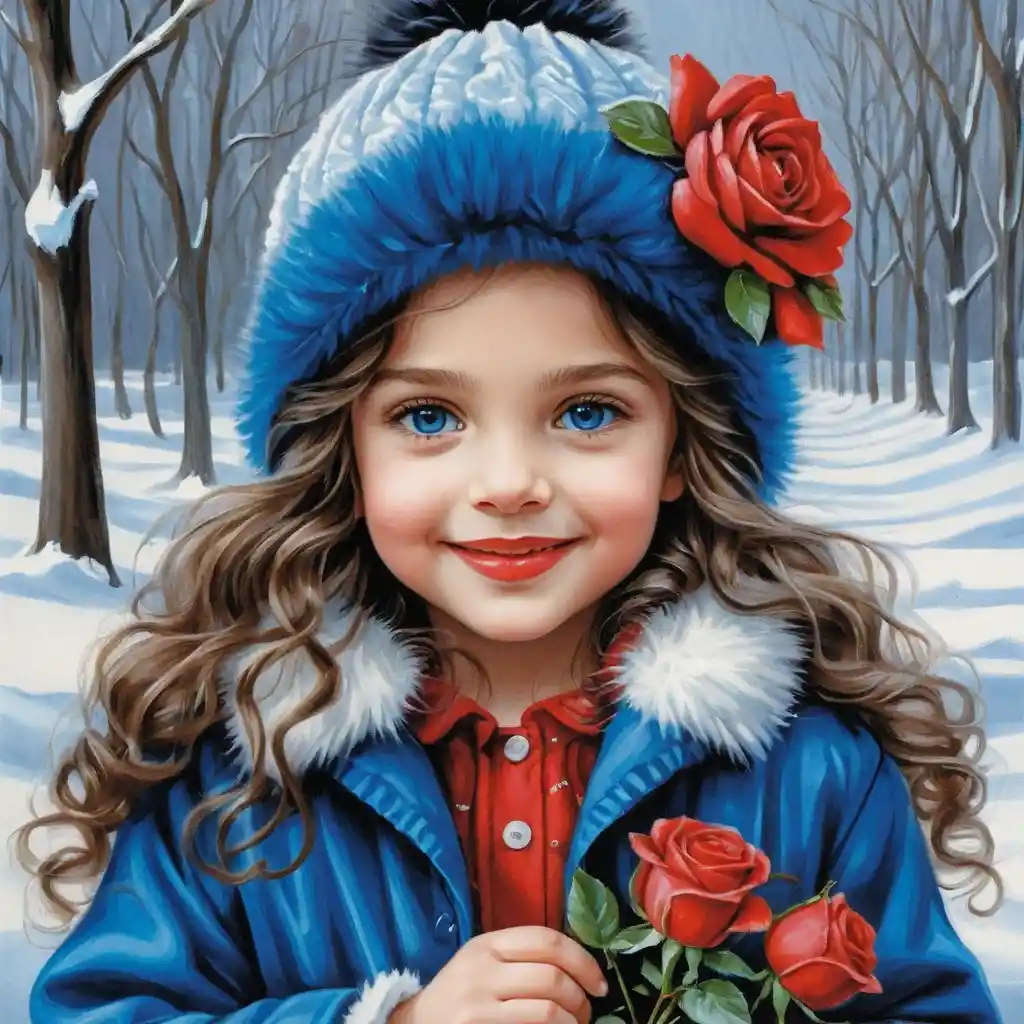 Smiling winter girl with roses in a blue fur outfit