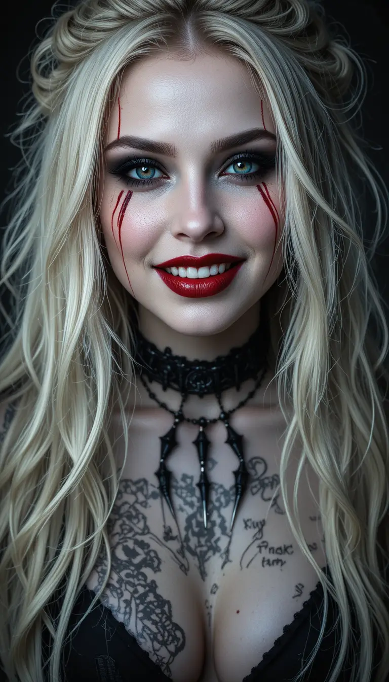 Gotische Frau mit wildem blondem Haar und blutrotem Make-up