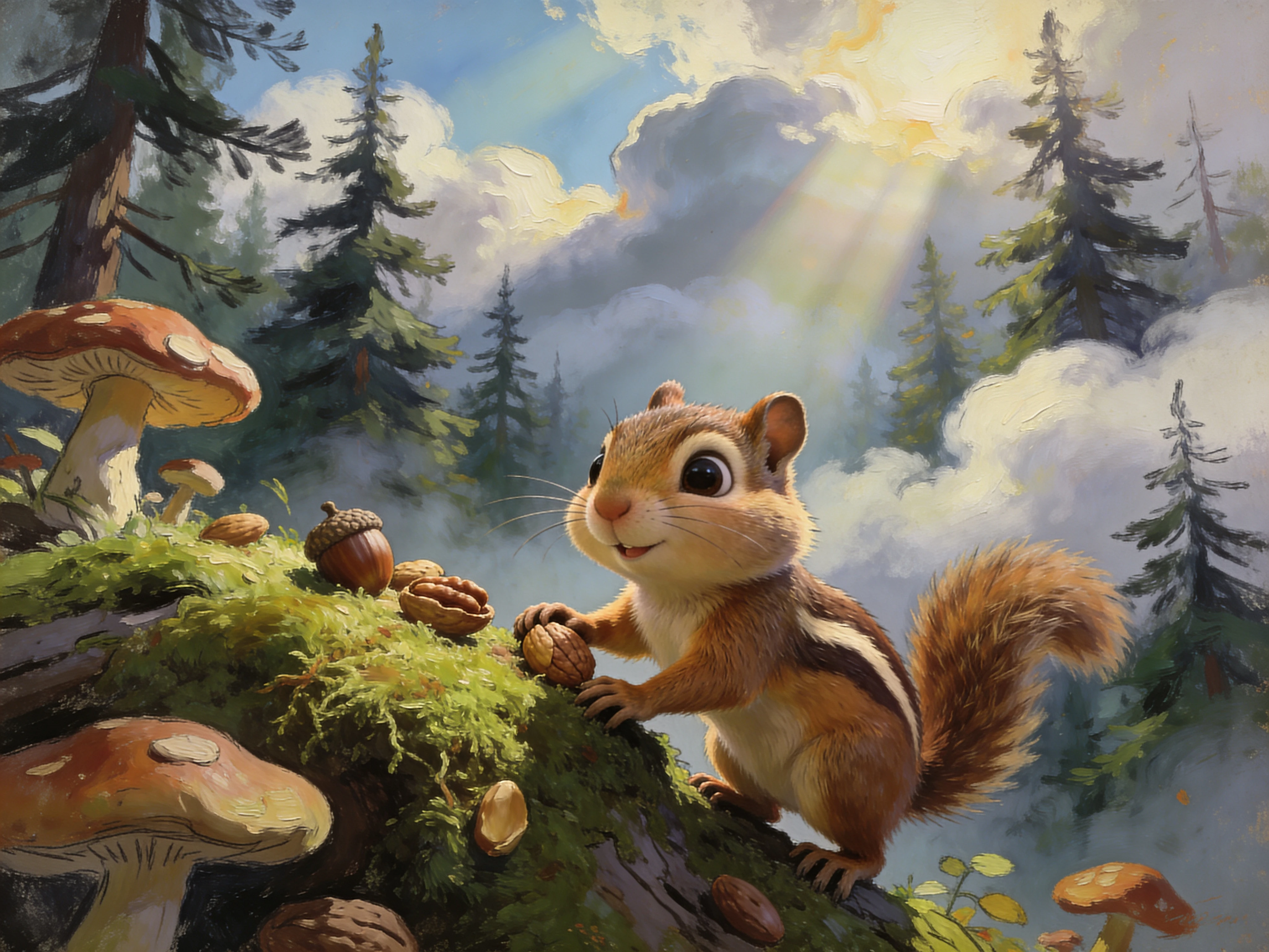 Lindo ardilla caricaturesca trepando en un bosque místico cubierto de musgo