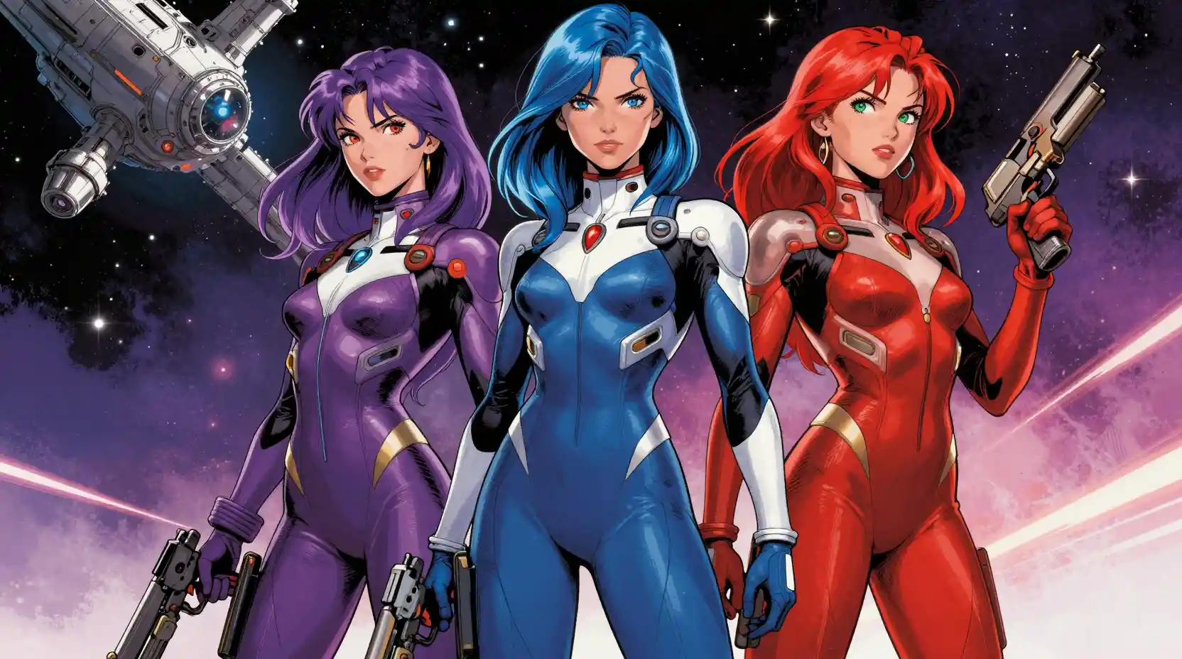 Three armed sci fi women under a vibrant cosmic sky