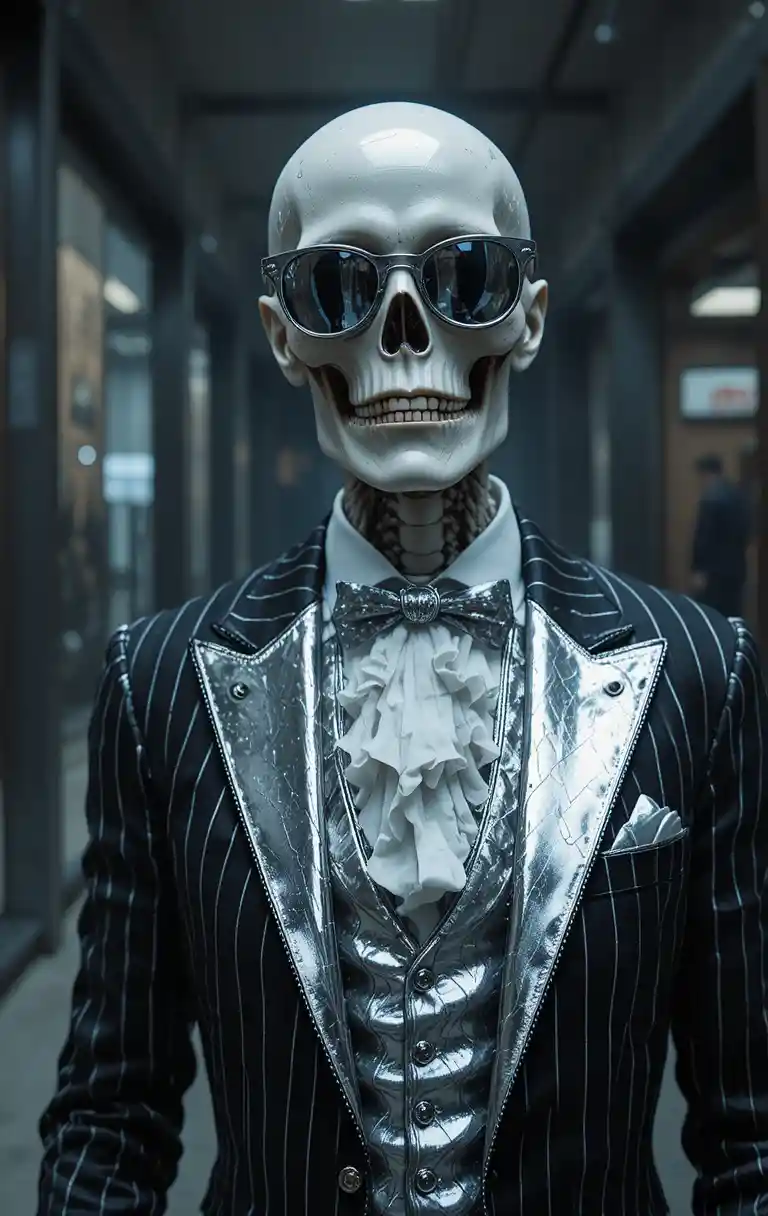 Stylish zombie skeleton in a chrome pinstripe suit