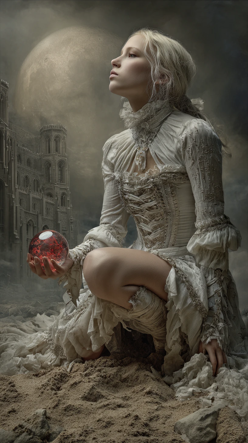 Sorceress in a moonlit castle courtyard between two realms