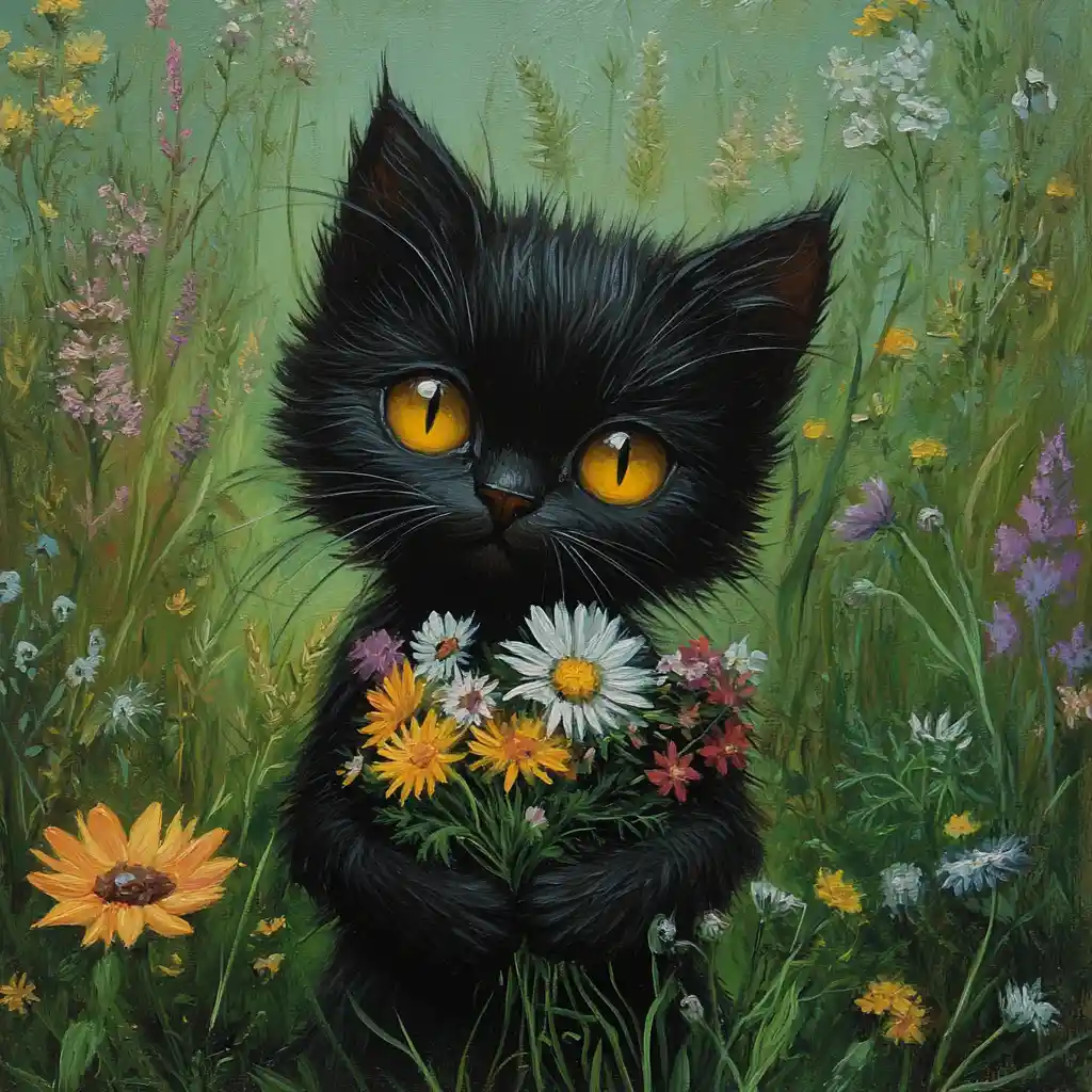 Gato negro sosteniendo flores silvestres en un prado verde - pintura