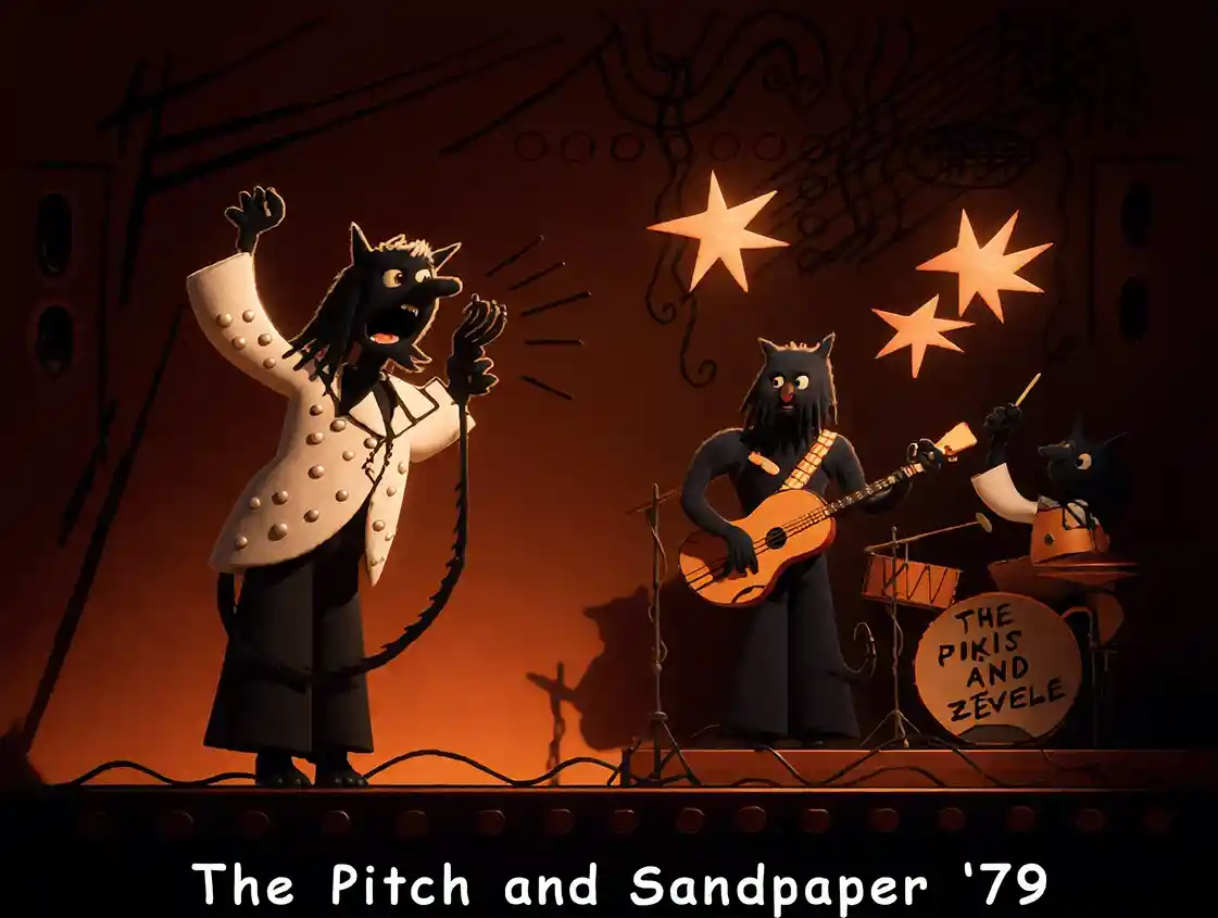 Band di Gatti in Claymation che Si Esibisce sotto i Riflettori del Palco