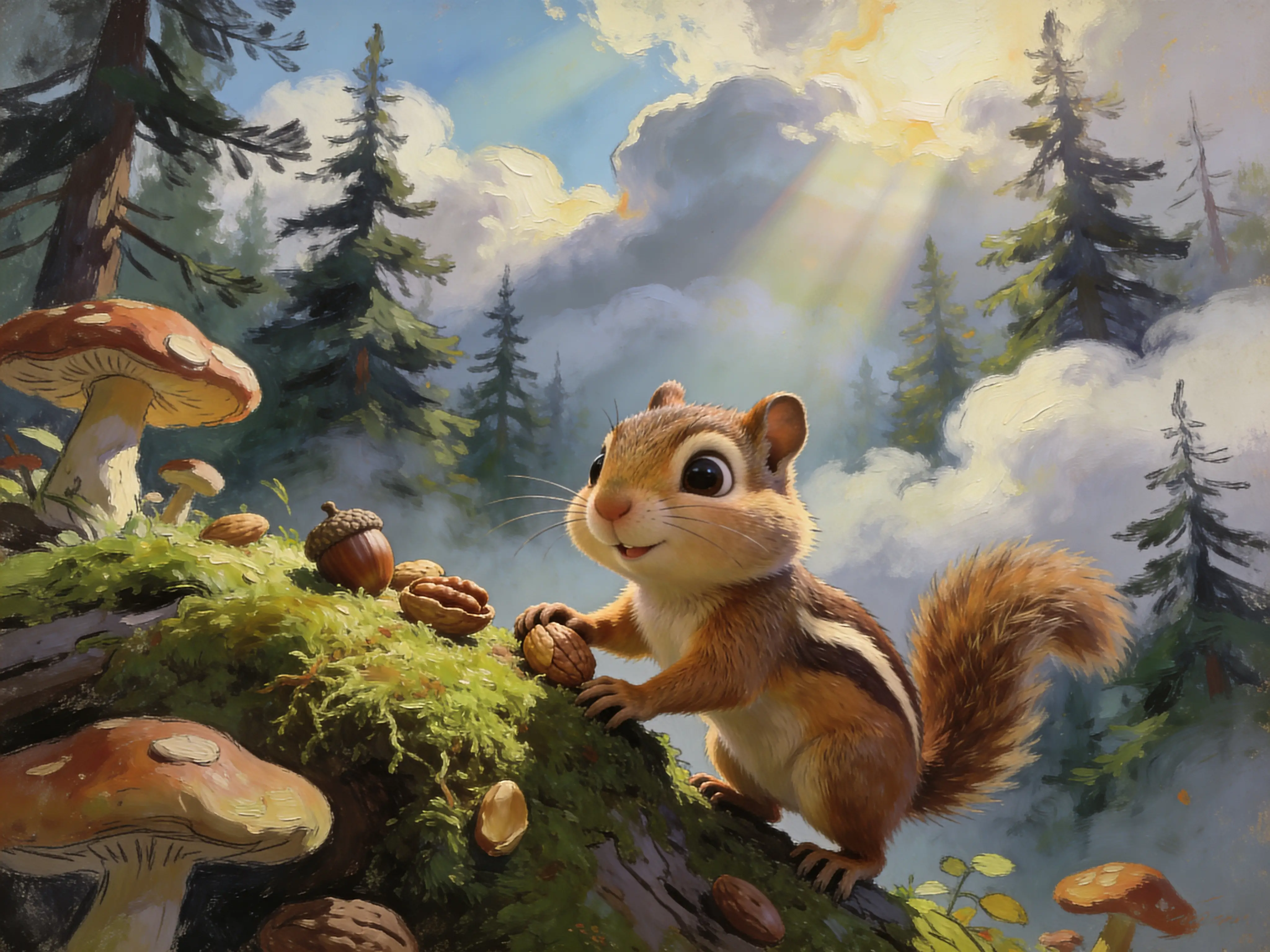 Cute Cartoon Chipmunk Climbing In A Mystic Mossy Forest
