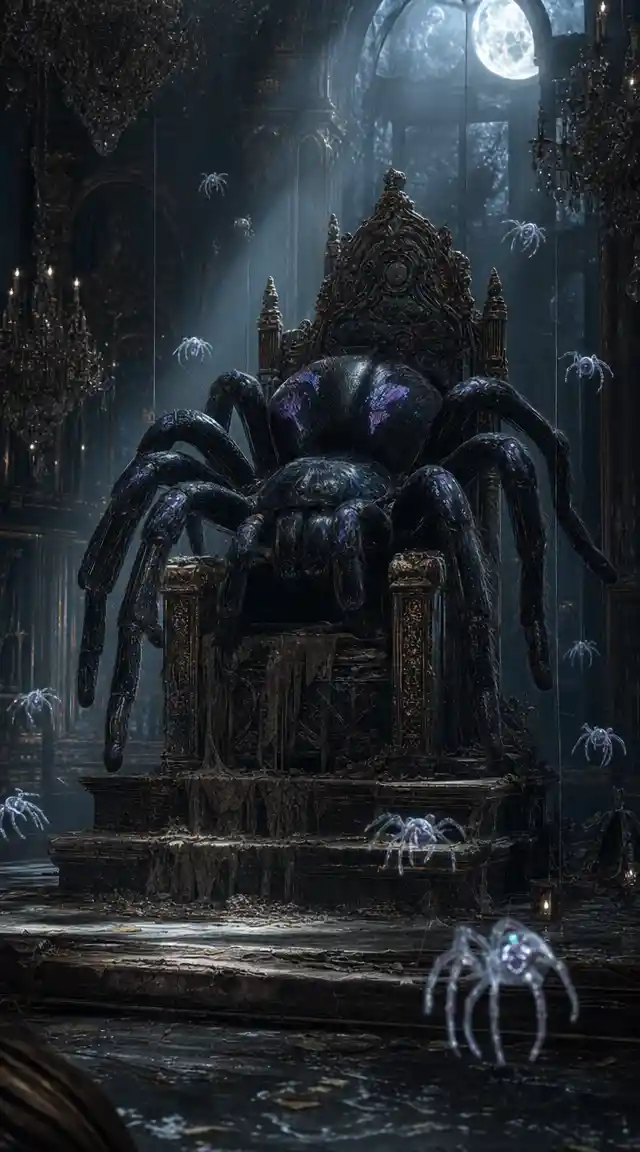 Tarantula majestosa em um trono gótico em salão de baile ao luar
