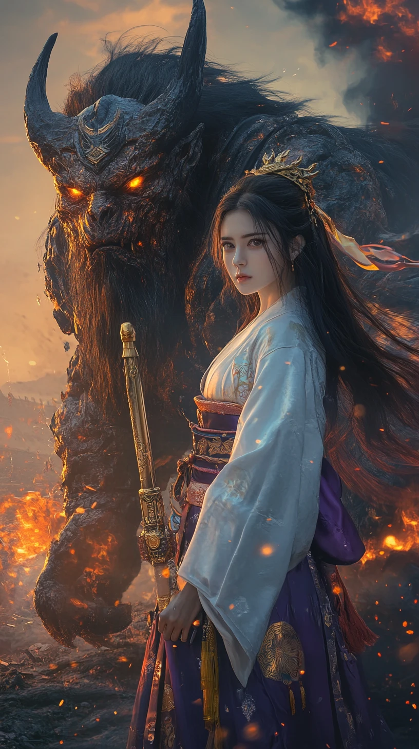 Elegant kimono woman beside colossal demon in fiery wasteland