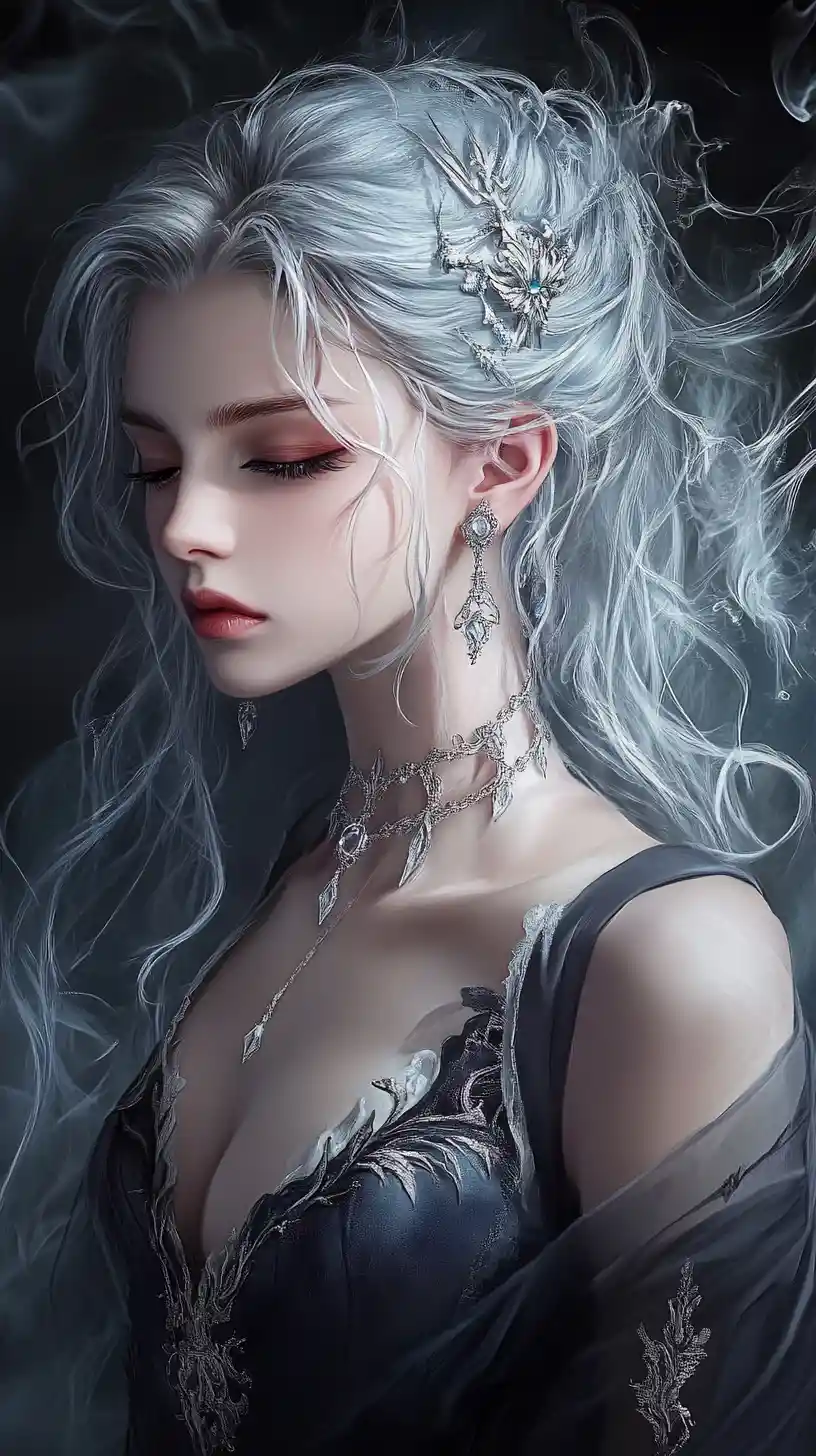Silver haired fantasy woman in misty ethereal portrait