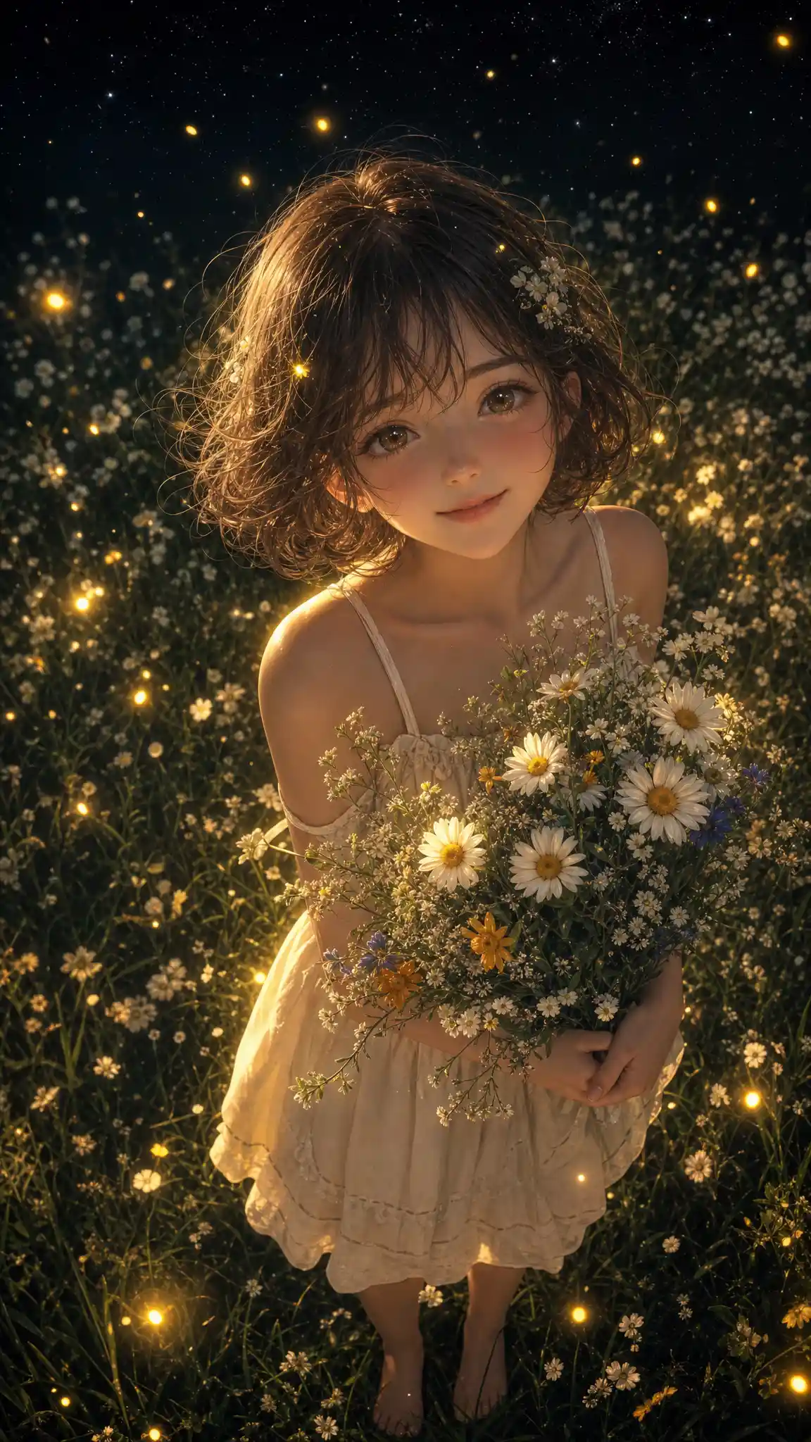 Anime girl holding wildflowers in a glowing night field