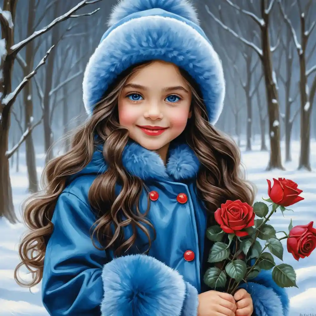 Smiling winter girl with roses in a blue fur outfit