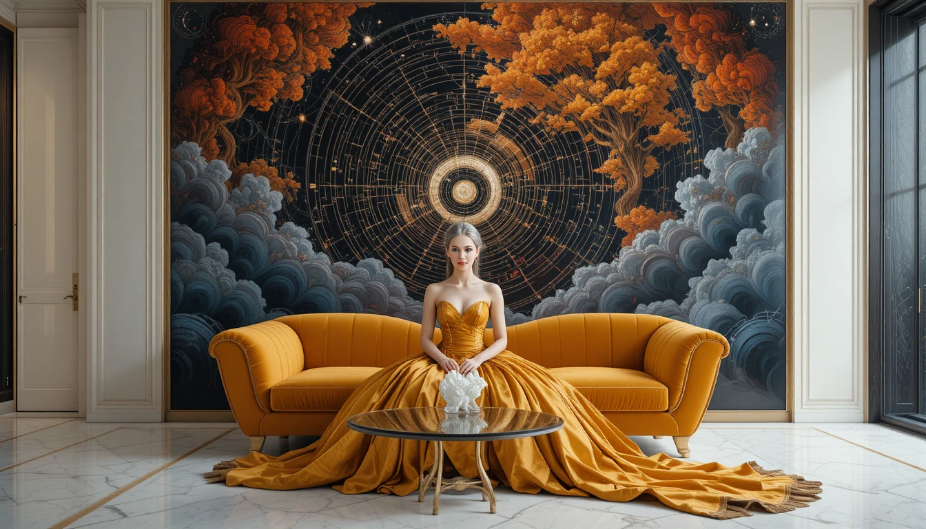 Futuristic baroque sofa before surreal cosmic landscape painting