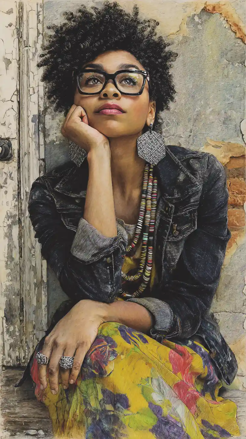 Thoughtful woman in glasses on weathered wooden bench