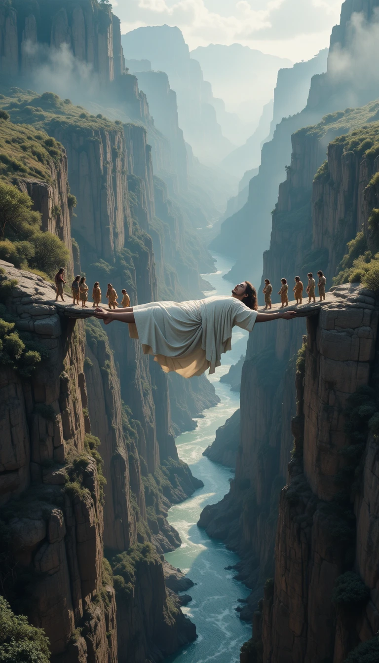 Jesus forming a human bridge across a tranquil canyon