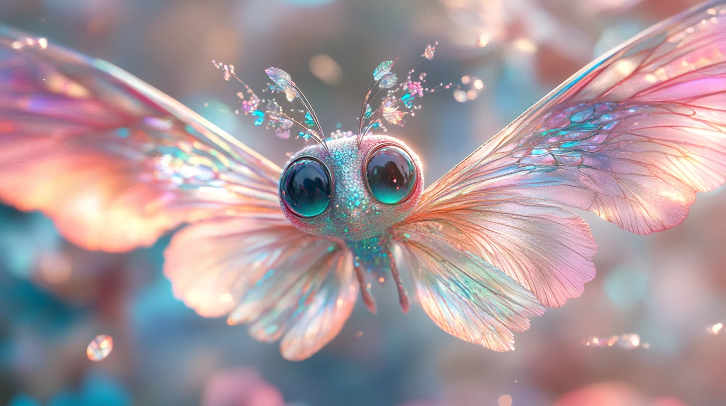 Ethereal fairy with iridescent wings in dreamy floral light