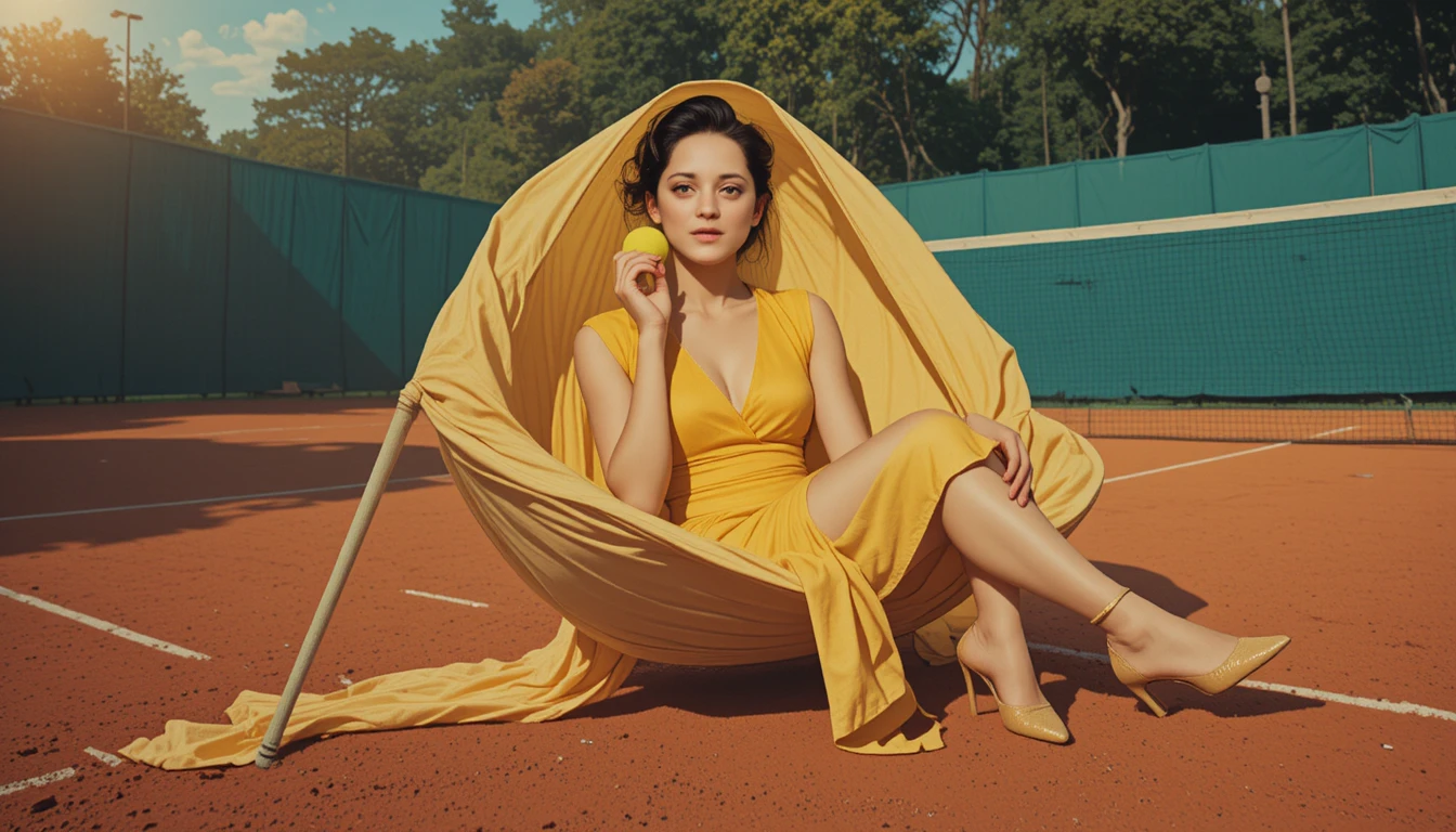 Stylish young woman in a hammock on a tennis court