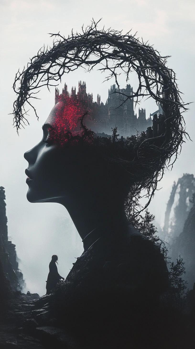 Surreal Female Profile With Thorn Crown And Ruined Kingdom