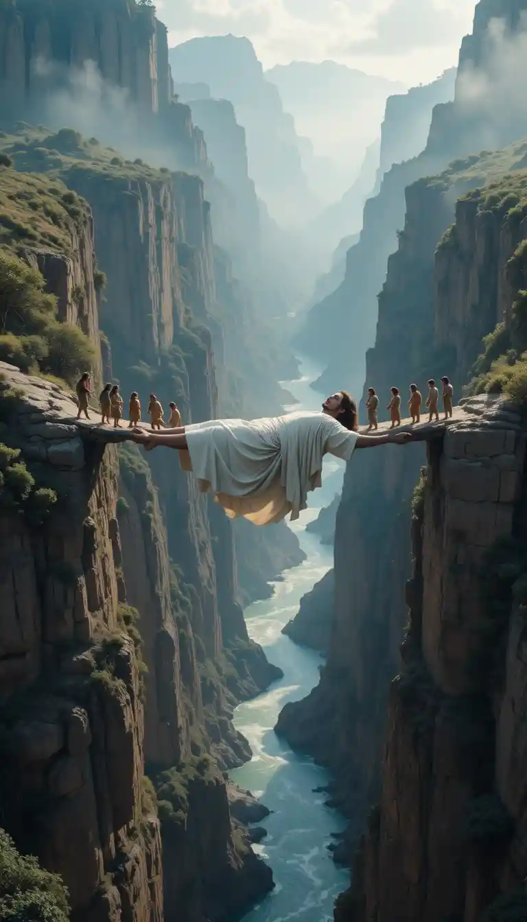 Jesus forming a human bridge across a tranquil canyon