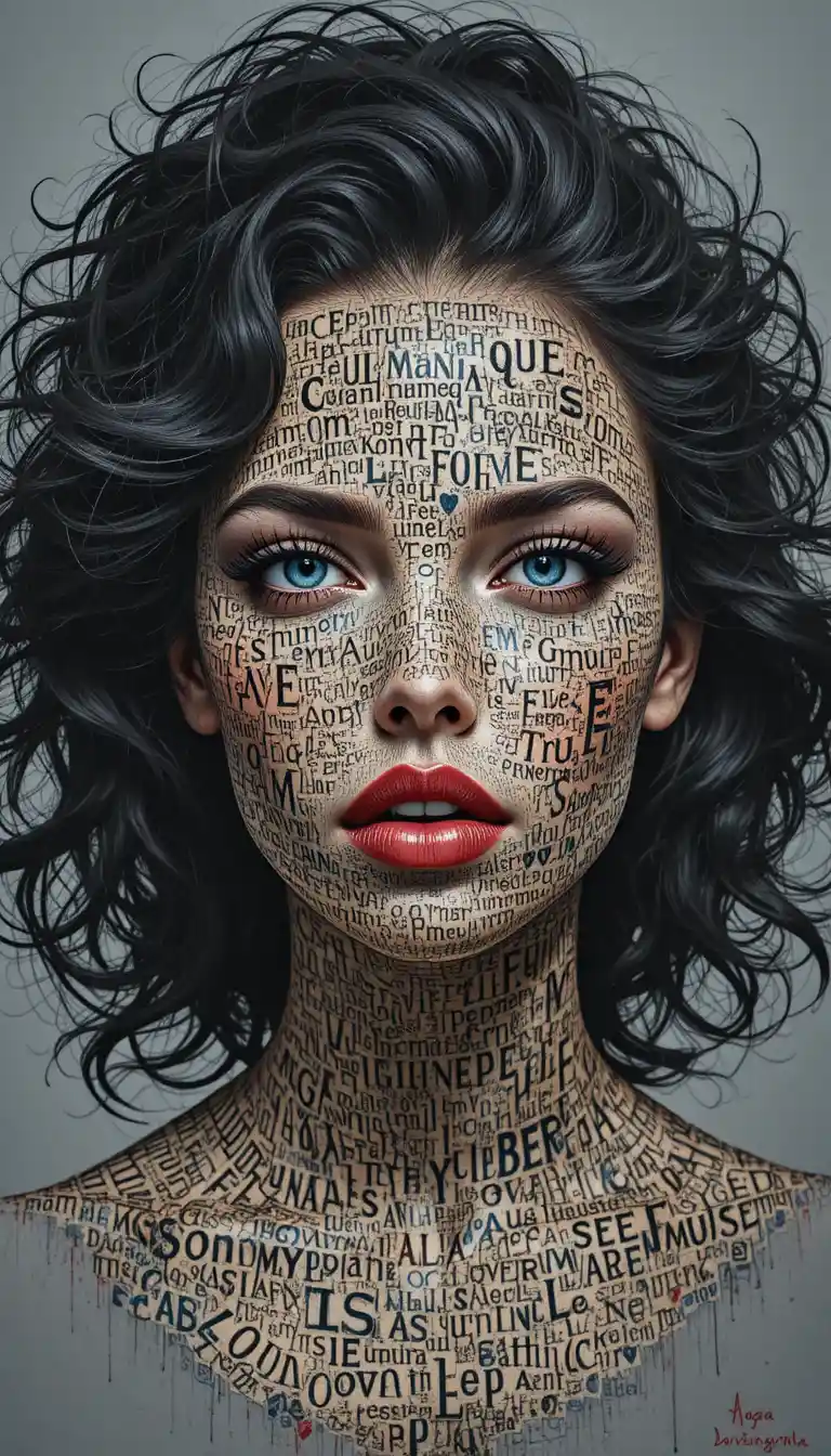 Portrait of a woman made from letters and numbers
