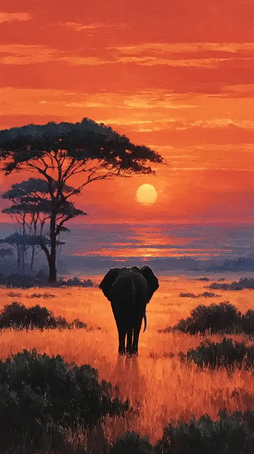 African elephant walking across savanna at vivid sunset