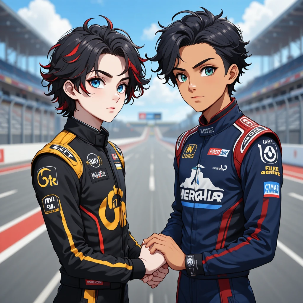 Anime race drivers holding hands on the racetrack