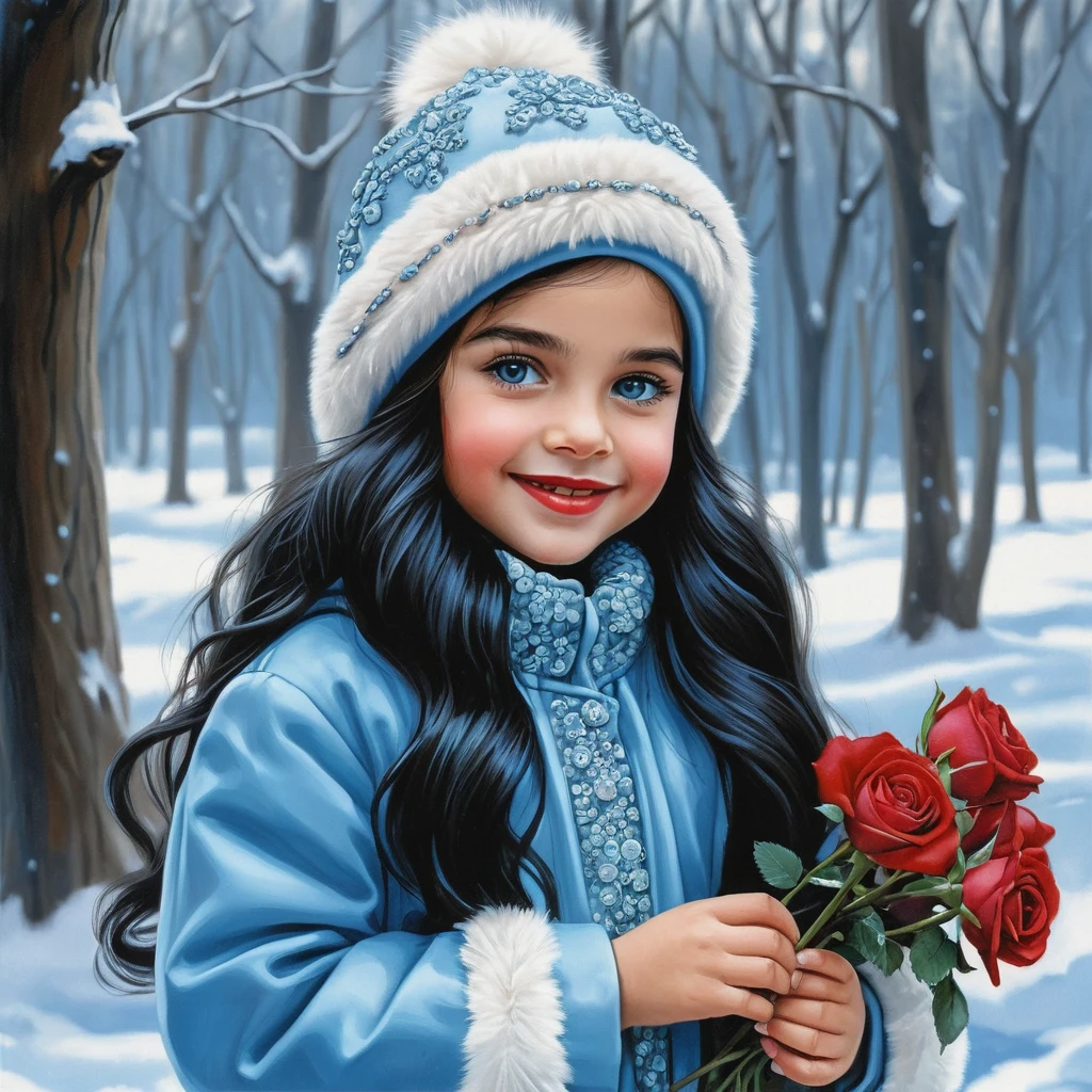 Smiling winter girl with roses and blue hat portrait