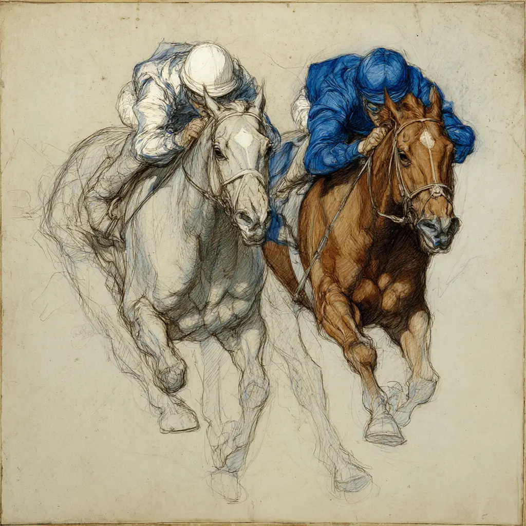 Racehorses charging forward in colored pencil drawing