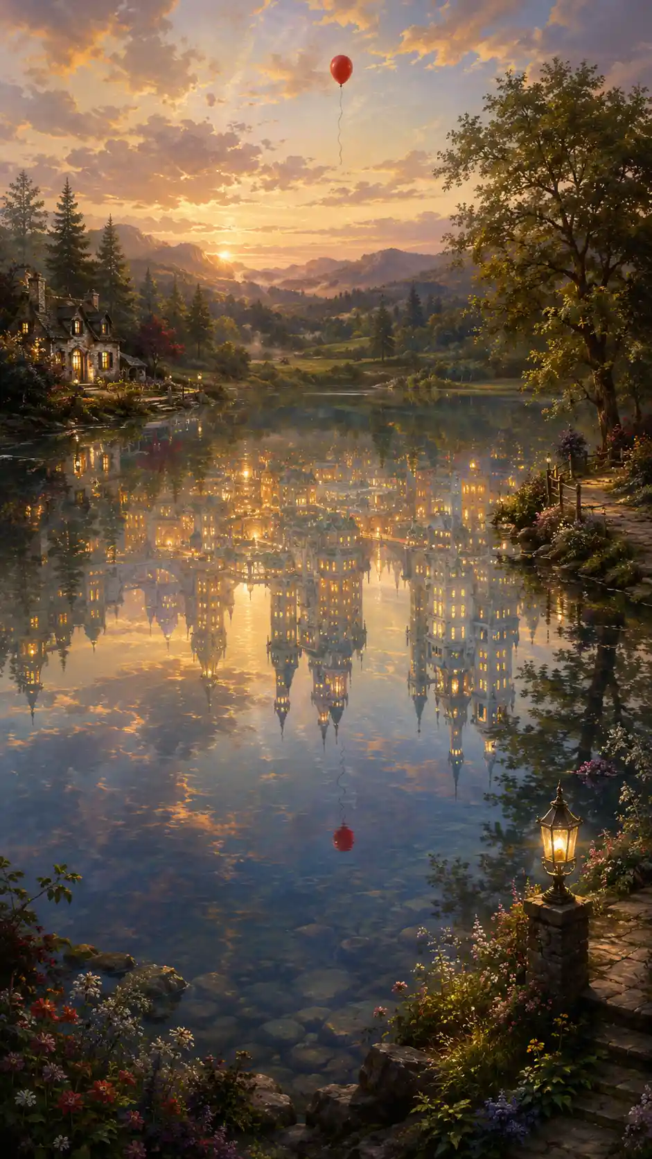 Fantasy city reflection on a lake with a single red balloon